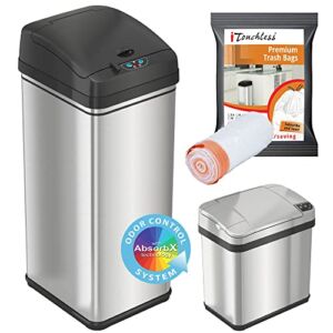 iTouchless 13 Gallon and 2.5 Gallon Automatic Touchless Sensor Kitchen Cans with Odor Control System, Stainless Steel, Includes 10 Premium Bags, CDZT02BG10
