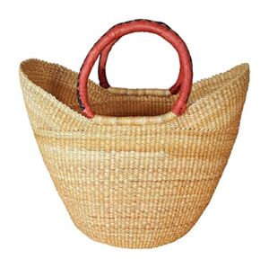 Large Dye Free Yikene Shopper -Ghana Bolga Basket Fair Trade – 16″-19″ Across – Black & Tan Handles