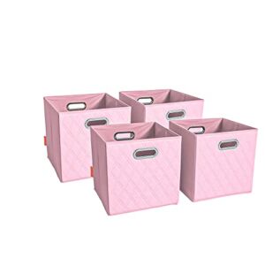 JIAessentials Small 11-inch Pink Foldable Diamond Patterned Faux Leather Storage Cube Bins Set of Four with Handles with Dual Handles for living room, bedroom and office storage