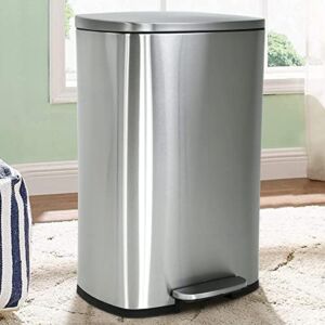 13 Gallon Steel Step Trash Can,Kitchen Trash Can with Lid & Inner Buckets , Stainless Steel Rectangular Garbage Bin , 50 L Pedal Soft Step Slow & Silent Open Close Dustbin for Kitchen, Office (Silver)
