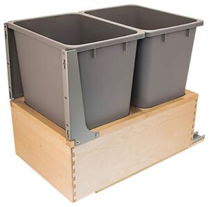 Double Wood Framed Bottom Mount Kitchen Pullout Waste Container Trash Can System with Soft Close Slides and Mounting Brackets (2 x 52 Qt)