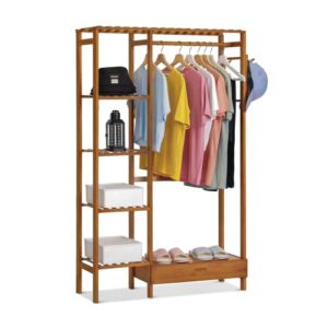 MoNiBloom Bamboo Freestanding Closet Organizer with Pants Scarves Racks and a Hanging Rob, Extra 5 Clothing Storage Shelving for Bedroom Living Room, Brown