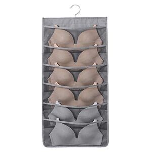 1 Piece Closet Hanging Organizer Storage Bags with Mesh Pockets and Rotating Metal Hanger Dual Sided Wall Shelf Wardrobe Organizers Storage Bags for Bra Underwear Underpants Socks(Gray, 24 Pocket)
