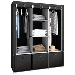 GHQME Fabric Wardrobe with 3 Drawers, Portable Clothes Closet Storage Organizer with Compartments and Rods (Black, 49.2” x 17.3” x 63.8”)