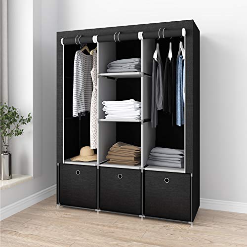GHQME Fabric Wardrobe with 3 Drawers, Portable Clothes Closet Storage Organizer with Compartments and Rods (Black, 49.2” x 17.3” x 63.8”) | The Storepaperoomates Retail Market - Fast Affordable Shopping