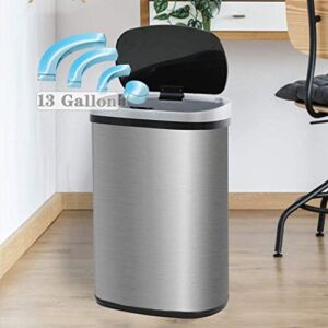 XXFBag Kitchen Trash Can 13 Gallon Garbage Can, Sensor Trash Can Touchless Stainless Steel Trash Can, Brushed Dustbin 50 Liter Motion Trash Bin Metal Waste Bin with Lid for Home Bathroom Office Restroom, Silver