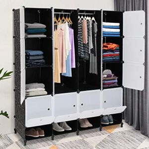VINGLI Portable Closet Shelves, 16 Cube Clothes Organizer, Plastic Playroom Storage, Storage Closet, DIY Cube Storage Organizer with Doors and Hanging Rods
