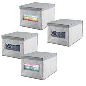 mDesign Soft Fabric Stackable Closet Storage Organizer Holder Box Bin with Clear Window, Attached Hinged Lid – Bedroom, Hallway, Entryway, Closet, Bathroom – Textured Print, Large, 4 Pack – Gray