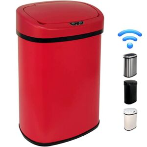 Hkeli Kitchen Trash Waste Bin 13 Gallon 50 Liter High Capacity Brushed Stainless Steel Garbage Can Touch Free Automatic Trash Can with Lid for Home Office Red