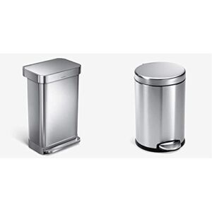 simplehuman 45 Liter Rectangular Hands-Free Kitchen Step Trash Can with Soft-Close Lid, Brushed Stainless Steel & 4.5 Liter / 1.2 Gallon Round Bathroom Step Trash Can, Brushed Stainless Steel
