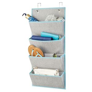 mDesign Soft Fabric Over The Door Hanging Storage Organizer with 4 Large Pockets for Closets in Bedrooms, Hallway, Entryway, Mudroom – Hooks Included – Textured Print – Gray/Teal Blue