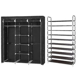 SONGMICS Portable Clothes Closet Bundle with 10-Tier Shoe Tower, Non-Woven Fabric Wardrobe and Tall Open Shoe Rack, Home Closet Storage Organizers, Black URYG12H and ULSH11H