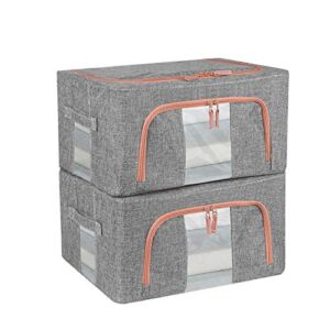 TOUCH-RICH Storage Bins Foldable with Window & Carry Handles Linen Fabric Collapsible Storage Boxes Organizer Set Stackable Containers for Home Bedroom Office Closet Nursery (Gray)