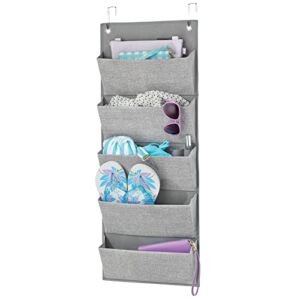 mDesign Soft Fabric Over The Door Hanging Storage Organizer with 5 Large Pockets for Closets in Bedrooms, Hallway, Entryway, Mudroom – Textured Print – Hooks Included – Gray