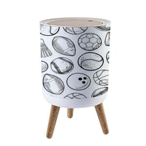 Nordic Style Trash Can – Doodle style sports equipment seamless ready to be tiled Push Top Trash Can with Lid – Scandinavian Modern Garbage Can – Round Trash Bin w/ Legs for Kitchen/Bathroom/Dog proof, 1.8 Gallon – 7L