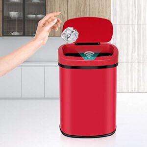 Automatic Trash Can 13 Gallons Garbage Can Waste Bin with Lid Kitchen Touchless Sensor Trash Bins Brushed Stainless Steel Garbage Bin for Home Office Bathroom, Red
