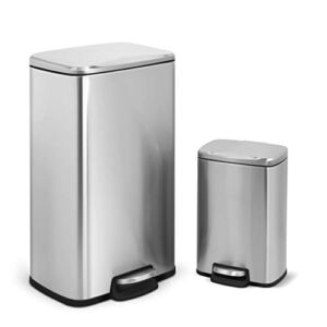 Innovaze 8 Gal./30 Liter and 1.3 Gal./5 Liter Rectangular Stainless Steel Step-on Trash Can Set for Kitchen and Bathroom