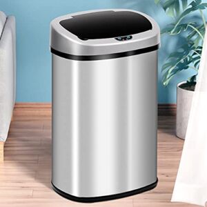 13 Gallon Touch Free Automatic Stainless Steel Trash Can Garbage Can 50L Metal Trash Bin with Lid for Kitchen Living Room Office Bathroom ,Silver