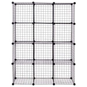 NAFORT 12-Cube Metal Grid Storage Rack, Stackable Free Standing Storage Organizer, DIY Cabinet Bookshelf, Easy to Assemble, 56” L x 14” W x 56” H(Black)