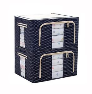 JJMG Stackable Storage Box Polka Dots Oxford Cloth Steel Frame Shelf Quilt Clothing Blanket Pillow Shoe Holder Container Organizer See-through Window double zipper Folding – Dark Blue (2 pack x 66L)