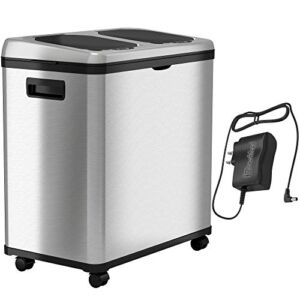 iTouchless 16 Gallon Touchless Trash Can and Recycle Bin Combo Unit with AC Adapter, Stainless Steel Automatic Sensor Kitchen Garbage Receptacle, 2 X 8 Gallon Removable Buckets with Handles