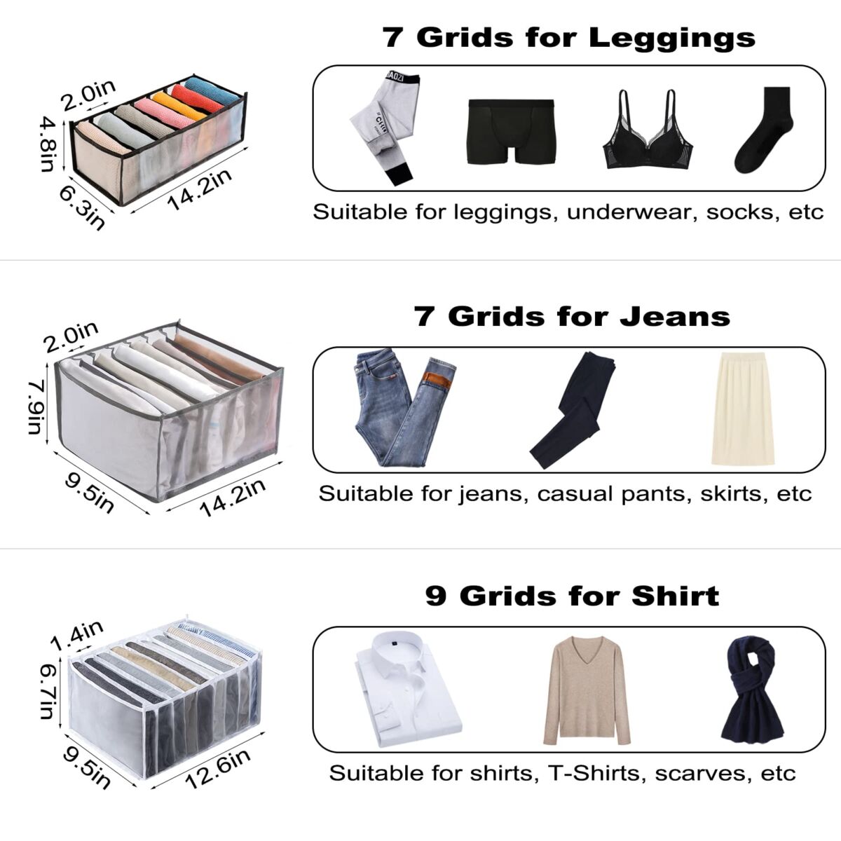 Evankin 2PCS Wardrobe Clothes Organizer – 7-Grid Drawer & Closet Storage Organizer – Nylon Mesh Organizer – Small Size for Leggings, Underwear, Socks (Grey) | The Storepaperoomates Retail Market - Fast Affordable Shopping