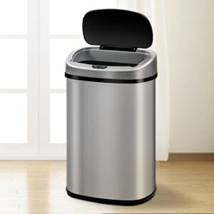 HHS Kitchen Trash Can Touch Free Automatic Stainless Steel Waste Bin 13 Gallon Metal Garbage Can with Lid 50 Liter Large Capacity Brushed Motion Sensor Trash Can for Kitchen Office Bedroom, Silver.