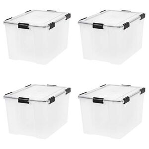 IRIS USA 110586 74 Quart Clear Plastic Weathertight Stackable Buckle Down Storage Latch Box Container for Home or Office Organization (4 Pack)