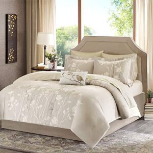Madison Park Essentials Cozy Bed in A Bag Comforter with Complete Cotton Sheet Set – Trendy Floral Design, All Season Cover, Decorative Pillow, Vaughn, Taupe Queen(90″x90″) 9 Piece