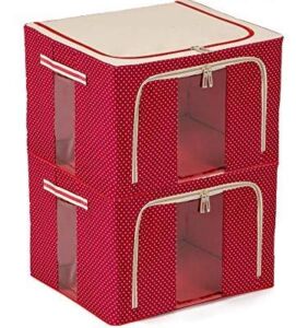 JJMG Stackable Polka Dots Oxford Cloth Steel Frame Shelf Quilt Clothing Blanket Pillow Shoe Storage Box Holder Container Organizer See-Through Window Double Zipper Folding- Red 66L 20″x16″x13″ (2)
