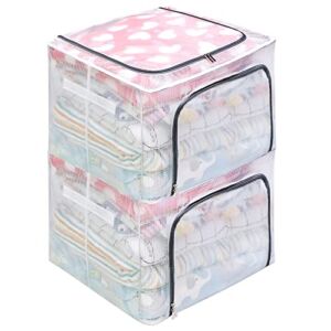 2 Pack PVC Clear Window Storage Bins ,Large Foldable Storage Bins Boxes with Steel Frame, Stackable Container Organizer Set with Carrying Handles,2 Clear Windows,Front Window Take Out, 66L