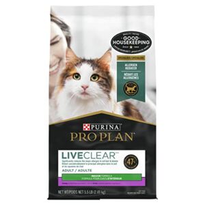 Purina Pro Plan Allergen Reducing, Indoor Cat Food, LIVECLEAR Turkey and Rice Formula – 5.5 lb. Bag