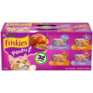 Purina Friskies Gravy Wet Cat Food Variety Pack, Poultry Shreds, Meaty Bits & Prime Filets – Cans of 5.5 oz. each, (Pack of 32)