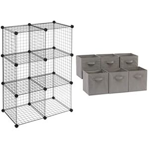 Amazon Basics 6-Cube Wire Grid Storage Shelves, 14″ x 14″ Stackable Cubes, Black & Amazon Basics Collapsible Fabric Storage Cubes Organizer with Handles, Gray – Pack of 6