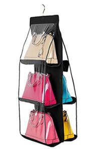 Greenery 6 Pockets Hanging Closet Organizer Clear Easy Accees Anti-dust Cover Handbag Purse Holder Storage Bag Collection Shoes Clothes Space Saver Bag with a Hanging Hook (Black)