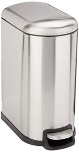 Amazon Basics 10 Liter / 2.6 Gallon Soft-Close, Smudge Resistant Trash Can with Foot Pedal for Narrow Spaces – Brushed Stainless Steel