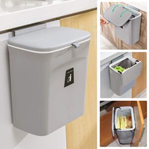 Tiyafuro 2.4 Gallon Kitchen Compost Bin for Counter Top or Under Sink, Hanging Small Trash Can with Lid for Cupboard/Bathroom/Bedroom/Office/Camping, Mountable Indoor Compost Bucket, Gray