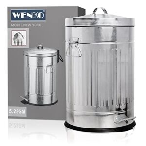 WENKO Step Trash Can with Lid and Pedal, Retro Metal Garbage Bin, for Bathroom, Kitchen, Office, Soft Close, 5 Gallon, 12.2 x 18.7 x 12.2 in, Gray