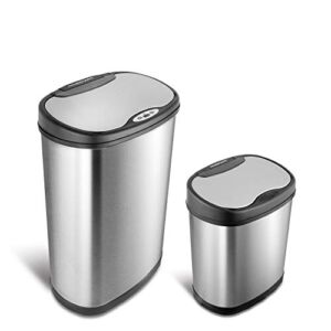 NINESTARS CB-DZT-50-13/12-13 Automatic Touchless Infrared Motion Sensor Trash Can Combo Set, 13 Gal 50L & 3 Gal 12L, Stainless Steel Base (Oval, Silver/Black Lid)