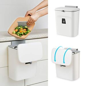 SUBEKYU 2.4 Gal Hanging Trash Can for Kitchen Cabinet Door with Lid, Small Under Sink Garbage Can for Bathroom, Wall Mounted Counter Waste Compost Bin, Plastic (White)