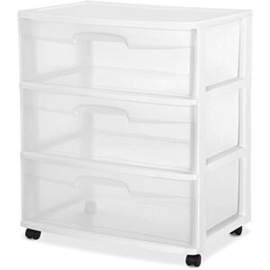 Sterilite Wide 3 Drawer Rolling Storage Cart Container with Casters For Bedroom, Dorm. and Kitchen, Clear Drawers and White Frame, (2 Pack)