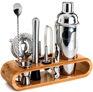 Mixology Bartender Kit: 10-Piece Bar Tool Set with Stylish Bamboo Stand | Perfect Home Bartending Kit and Martini Cocktail Shaker Set For an Awesome Drink Mixing Experience | Cool Gifts (Silver)