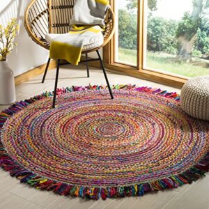 SAFAVIEH Cape Cod Collection 6′ x 6′ Round Ivory/Red CAP206A Handmade Boho Fringe Jute & Cotton Area Rug