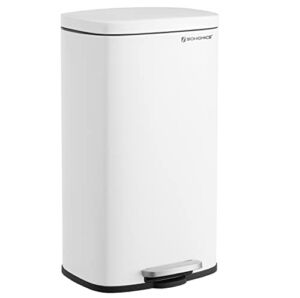 SONGMICS 8-Gallon Trash Can, Stainless Steel, with Hinged Lid, Plastic Inner Bucket, Soft Closure, Odor Proof, Hygienic, White