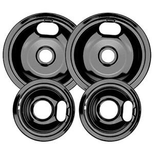 W10290350 W10290353 Black Porcelain Burner Drip Pans By AMI PARTS – Replacement for Whirl-pool Electric Range Cooktop – Includes 2 8-Inch and 2 6-Inch Pans