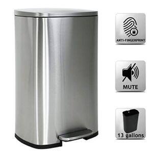 Dkeli Kitchen Trash Can with Soft Slow Lid Pedal Step Trash Can with Removable Plastic Inner Bucket Stainless Steel Garbage Can for Bathroom Kitchen and Office Trash Bin 13 Gallon / 50 Liter, Silver