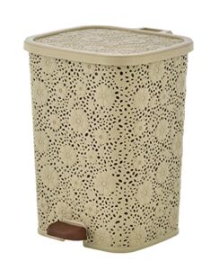 Superio Small Pedal Step-on Trash Can with Lid, Beige Lace Design 6 Qt. for Bedrooms, Bathrooms, and Office