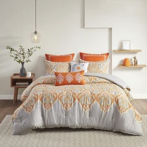 Madison Park Nisha Sateen Cotton Comforter Set, Breathable, Soft Cover, Trendy, All Season Down Alternative Cozy Bedding with Matching Shams, Full/Queen, Orange 7 Piece