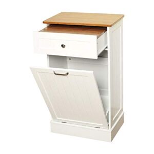 Anbuy Tilt Out Trash Cabinet Can Bin Kitchen Wooden Trash Can Free Standing Holder Recycling Cabinet with Hideaway Drawer Wooden Removable Bamboo Cutting Board Trash Holder (White)