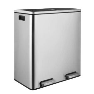 finetones Dual Step Trash Can, 16 Gallon (2×30L) Stainless Steel Dual Garbage Can with 2 Soft-Close Lid and 2 Removable Wastebasket, Kitchen Dual Trash Can & Recycle Bin with Handle, Silver